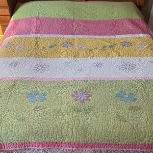 Pastel Floral Stripe Quilted Bedspread - Green, Pink & Yellow